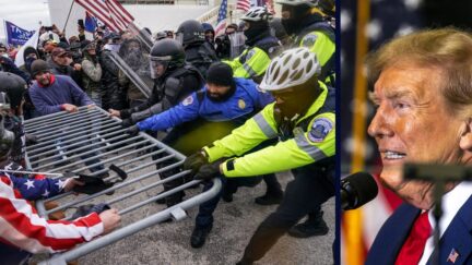 Left: FILE - Insurrectionists loyal to President Donald Trump try to break through a police barrier, Wednesday, Jan. 6, 2021, at the Capitol in Washington. (AP Photo/John Minchillo, File) Right: Republican presidential candidate and former President Donald Trump speaks to the crowd during a caucus event, Saturday, Dec. 2, 2023, at Kirkwood Community College in Cedar Rapids, Iowa. (Geoff Stellfox/The Gazette via AP)