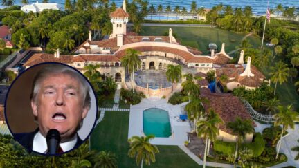 FILE - An aerial view of former President Donald Trump's Mar-a-Lago estate is seen Aug. 10, 2022, in Palm Beach, Fla. Former President Donald Trump’s civil business fraud trial has turned to one of the topics that has vexed him most — the disputed value of his Mar-a-Lago club in Palm Beach, Florida. Palm Beach luxury real estate broker Lawrence Moens took the stand for Trump's defense Tuesday, Dec. 5, 2023. (AP Photo/Steve Helber, File)/Inset: File Photo by: zz/Dennis Van Tine/STAR MAX/IPx 2015 11/3/15 Donald Trump at a signing for his book, 