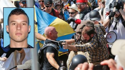 Background: In this Aug. 12, 2017 file photo, white nationalist demonstrators clash with counter demonstrators at the entrance to Lee Park in Charlottesville, Va. (AP Photo/Steve Helber, File) Inset: Public photo of Robert Rundo, founder of white nationalist Rise Above Movement.