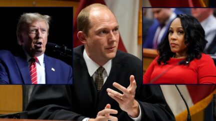 Fulton County Superior Judge Scott McAfee flanked by inset images of Donald Trump, on the left, and Fani Willis, on the right