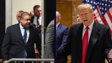 Left: Manhattan District Attorney Alvin Bragg walks in the hallway outside a courtroom where former President Donald Trump is attending a hearing in his criminal case on charges stemming from hush money paid to a porn star in New York, Monday, March 25, 2024. (Brendan McDermid/Pool Photo via AP)/Right: Former President Donald Trump speaks during news conference Monday, March 25, 2024, in New York. (AP Photo/Frank Franklin II)