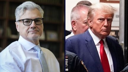 Left: Judge Juan Merchan poses for a picture in his chambers in New York, Thursday, March 14, 2024. Merchan is presiding over Donald Trump’s hush money case in New York (AP Photo/Seth Wenig). Right: FILE - Former President Donald Trump is escorted to a courtroom, April 4, 2023, in New York (AP Photo/Mary Altaffer, File).