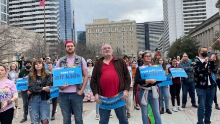 FILE - Advocates gather for a rally at the state Capitol complex in Nashville, Tenn., to oppose a series of bills that target the LGBTQ community, Tuesday, Feb. 14, 2023. A federal appeals court has temporarily reversed a lower court's ruling, Saturday, July 8, that had prohibited Tennessee from enacting a ban on gender-affirming care for transgender youth. (AP Photo/Jonathan Mattise, File)