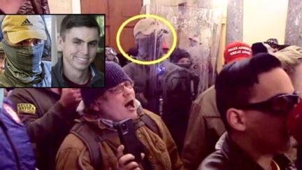 Inset: Tyler Bradley Dykes appears in Justice Department-provided side-by-side identifying photo. Yellow mark on each indicates to facial scar police used to ID Dykes. Background: Justice Department provided photo shows Dykes behind shield he allegedly stole from police after storming Capitol on Jan. 6, 2021.