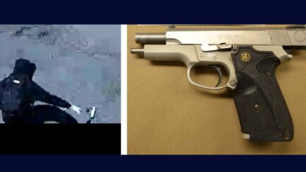 Left: Shaquan Brown drops a pistol in the driveway of a home in Pennsylvania that he attempted to rob./Right: The Smith & Wesson .40 caliber firearm used by Brown in robbery and located by police. Photos courtesy U.S. Justice Department.