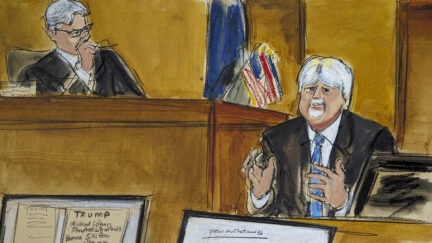 In this courtroom sketch, former Trump organization employee Jeffrey McConney testifies regarding payments made to Michael Cohen. Monday, May 6, 2024, in New York.