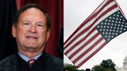 Left FILE - Associate Justice Samuel Alito joins other members of the Supreme Court as they pose for a new group portrait, at the Supreme Court building in Washington, Oct. 7, 2022. Alito says Congress lacks the power to impose a code of ethics on the Supreme Court, making him the first member of the court to take a public stand against proposals in Congress to toughen ethics rules for justices in response to increased scrutiny of their activities beyond the bench. (AP Photo/J. Scott Applewhite, File); Right: