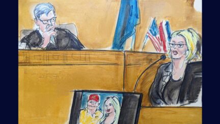 Stormy Daniels, on the left in a courtroom sketch, testifies during Donald Trump's criminal trial in New York City; on the right, Judge Juan Merchan watches.