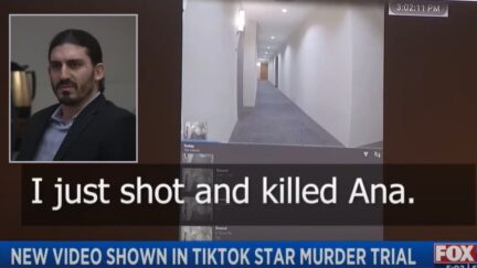 Inset: Ali Abulaban appears in court on May 13 in California, listening to playback of audio from the day his wife Ana Abulaban was murdered inside their home. Background: Trial video footage played for jurors features a confession from Ali Abulaban to his mother moments after the slayings. Footage from KUSI.