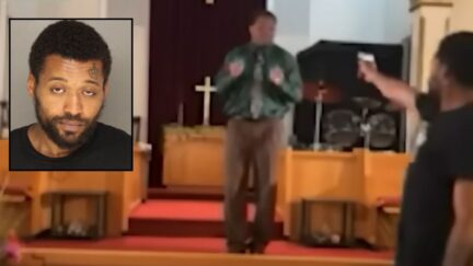 Inset: Bernard Polite booking photo Pennsylvania State Police. Bernard Polite points a gun at a pastor during a sermon on May 5, 2024. The incident was captured by the church's Facebook livestream. YouTube screengrab footage from ABC Philadelphia affiliate WPVI.