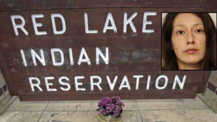 Background: Indian symbols drawn on concrete slabs and a bouquet of flowers adorn the road sign at the entrance to the Red Lake Indian Reservation on Wednesday, March 23, 2005. AP Photo/Morry Gash./Inset: Todd County Jail booking photo for Jennifer Marie Stately.