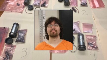 Background: Homemade pipe bombs seized from Logan Sea Pallister. Courtesy U.S. Justice Department. Inset: Logan Sea Pallister booking photo Helena Police Department.