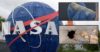 Background: Entrance to the NASA Kennedy Space Center Visitor Complex. July 29, 2018, Cape Canaveral, Florida. (Phelan M. Ebenhack via AP). Inset top left: A discarded battery from the International Space Station. Inset bottom right: A hole in the floor of the Otero home in Florida where NASA-confirmed debris from space crashed through the home's roof and subflooring. Photos YouTube screengrab KHOU.