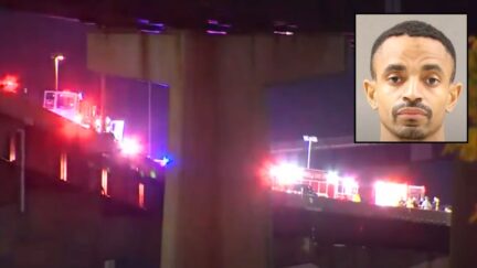 The section of interstate ramp off I-395 in Maryland where Robert Horne Jr. was hit by an intoxicated Shakur Latrell Sanders, pictured inset. YouTube WBAL. Booking photo Maryland Maryland Transportation Authority.