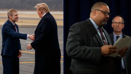 Left: Rep. Jim Jordan, R-Ohio, shakes hands with President Donald Trump as he arrives at Lima Allen County Airport, Wednesday, March 20, 2019, in Lima, Ohio. AP Photo/Evan Vucci. Right: Manhattan District Attorney Alvin Bragg steps away after speaking to the media after a jury found former President Donald Trump guilty on 34 felony counts of falsifying business records, Thursday, May 30, 2024, in New York. AP Photo/Seth Wenig.