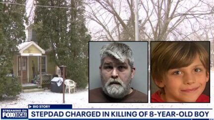 Left inset: Steven Merkel (Walworth County Sheriff's Office). Right inset: Steven Merkel's 8-year-old son Michael Meagher (GoFundMe). Background: The residence where Steven Merkel allegedly shot his stepson (WITI/YouTube).