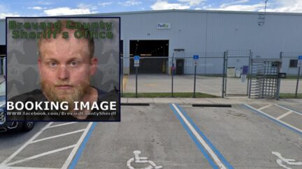 Alexander Lefort appears in a booking photo inset against an image of the FedEx location where he allegedly shot himself in Florida.