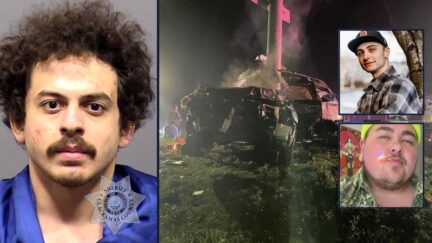 Background, left to right: Fullington William Frazer III, the site of the crash that killed two people (Clackamas County Prosecutor's Office). Insets, top to bottom: Mitchell Scott Barr, Fleetwood Mars Mozee (GoFundMe).