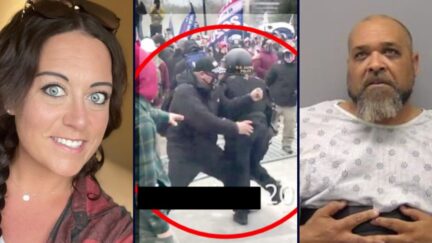 Left: Lauren A. Wegner (Legacy obituary). Center: Shane Jason Woods fighting with a U.S. Capitol Police officer on Jan. 6, 2021 (FBI court filing). Right: Shane Jason Woods (Sangamon County (Ill.) Sheriff's Office).