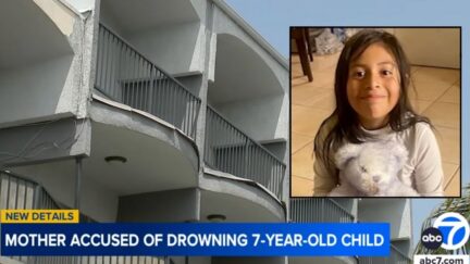 Inset: Rebecca Castellanos (KABC/YouTube). Background: An apartment building in the 6800 block of Sepulveda Boulevard in Van Nuys, Los Angelas, Cali., where Graciela Castellanos allegedly killed her daughter (KABC/YouTube).