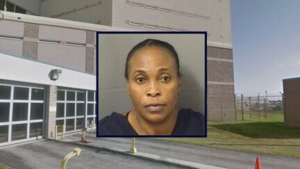 Inset: Celie Placius (Palm Beach County Sheriff's Office). Background: Palm Beach County Jail (Google Maps).