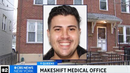 Inset: Felipe Hoyos-Foronda (NYPD). Background: The apartment building were Hoyos-Foronda allegedly performed illegal plastic surgery that left a woman brain dead (WCBS).