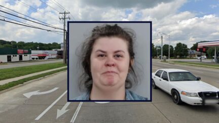 Inset: Jaime Caldwell (Lexington, Kentucky Police Dept.). Background: The area on Georgetown Road where Caldwell allegedly left a pedestrian critically injured after a hit-and-run collision (Google Maps).