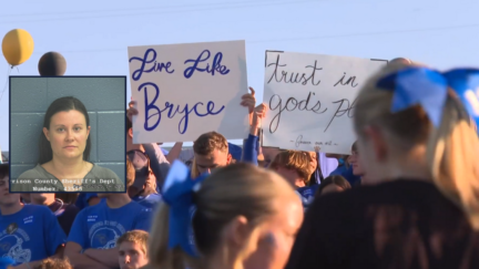 Inset: Amber Tower (Harrison County Sheriff's Department); background: Students remember Bryce Gerlach at a football game at Corydon Central High School (WHAS).