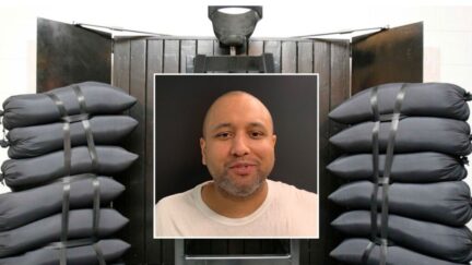 Inset: Mikal Mahdi (South Carolina Department of Corrections). Background: In this June 18, 2010, file photo, the firing squad execution chamber at the Utah State Prison in Draper, Utah, is shown (AP Photo/Trent Nelson, Pool, File).