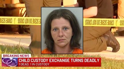 Inset: Randolyn Allen (Calcasieu Parish Sheriff's Office). Background: Investigators at the scene of Brett Daigle's murder in Lake Charles, La. (KPLC).