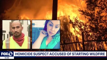 Insets: Victor Serriteno and Priscilla Castro (Vacaville Police Department). Background: A wildfire raging near Lake Berryessa in Solano County, Cali., in August 2020 (KTVU/YouTube).