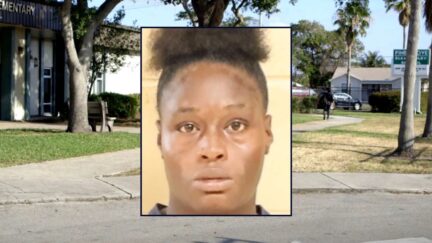Inset: Lejonkica Sharp (Shreveport Police Dept.). Background: The Elementary school where Sharp allegedly tried to run over several elementary school students (Google Maps).