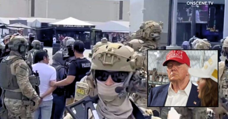 Background: ICE agents raiding a Santa Fe Springs swap meet on June 14, 2025 (Onscene.TV/ACLU). Inset: President Donald Trump listens as Homeland Security Secretary Kristi Noem speaks at Dade-Collier Training and Transition facility, Tuesday, July 1, 2025, in Ochopee, Fla. (AP Photo/Evan Vucci).