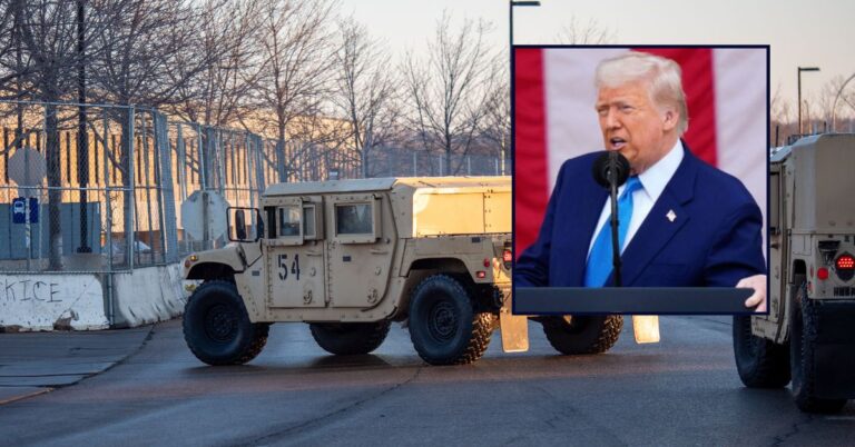 Inset: Donald Trump; Background: the Whipple federal building in Minnesota.