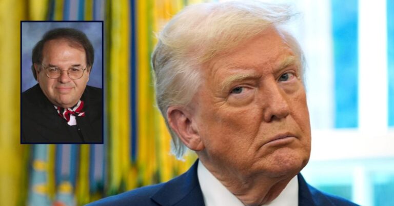 Senior U.S. District Judge Richard Leon inset against an image of Donald Trump.