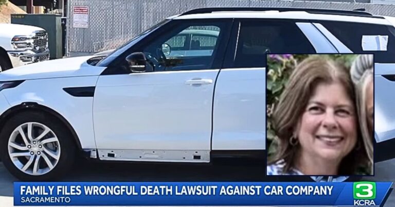 Inset: Sue Rooney. Background: The 2020 Land Rover Discovery that allegedly killed California mother and grandmother Sue Rooney in her daughter's driveway (KCRA/YouTube).