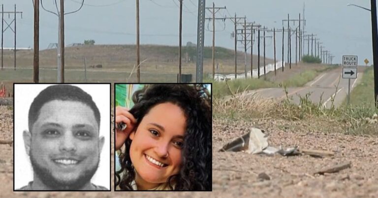 Inset: Justin De Nileon Jr. (Weld County Sheriff's Office). Right inset: Haley Rippetoe (GoFundMe). Background: The area in Colorado where Haley Rippetoe was found dead after her ex-boyfriend, Justin De Nileon Jr., allegedly ran her off the road and then murdered her (KUSA).