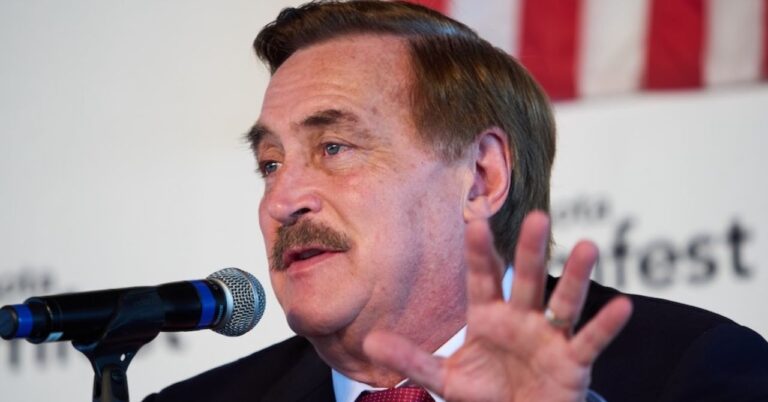 Mike Lindell, a Republican candidate for Minnesota governor, speaks during a forum of gubernatorial candidates at Farmfest, Wednesday, Aug. 5, 2026, in Morgan, Minn. (AP Photo/Ellen Schmidt).