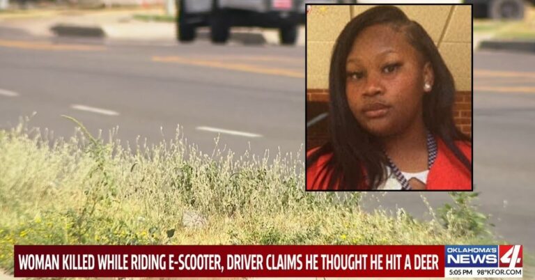 Inset: Raynesha Scyrus (GoFundMe). Background: The area where Raynesha Scyrus was allegedly struck and killed in Oklahoma City (KFOR/YouTube).